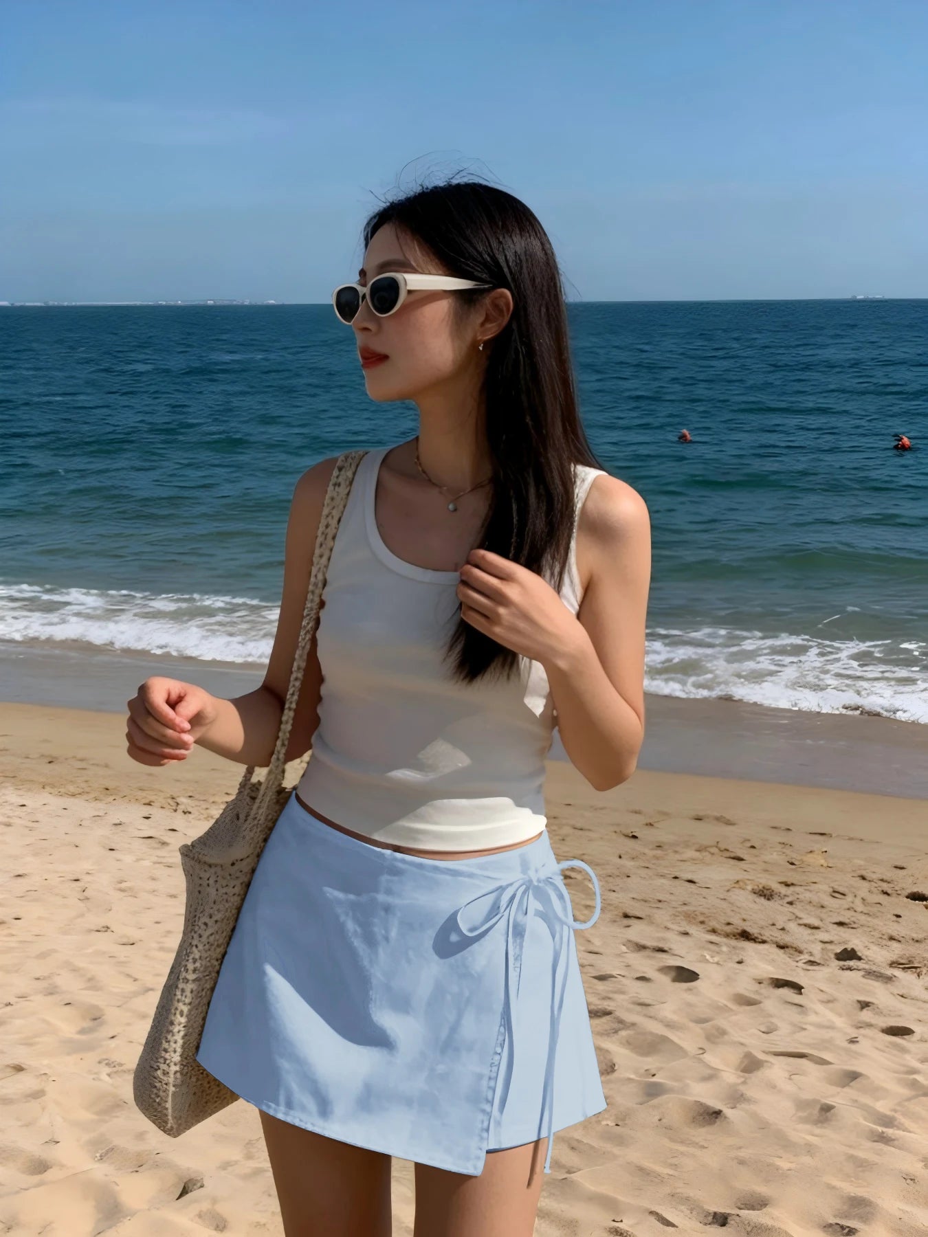 Ladies New Spring Summer Linen Solid Color Casual Sports Elastic Waist Drawstring Belted Skort for Spring Summer
