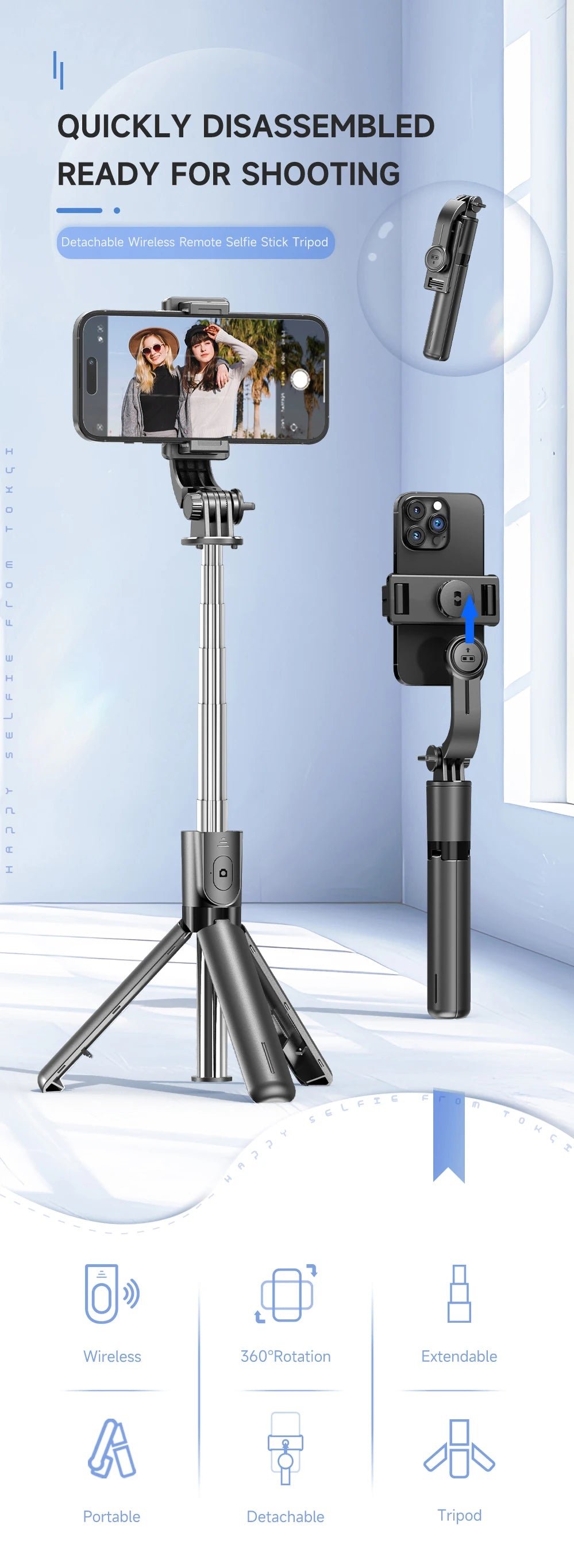 F01 Portable 6 Section Extendable Tripod Stand Lightweight Detachable Phone Holder 360 Degree Rotatable Bluetooth Selfie R