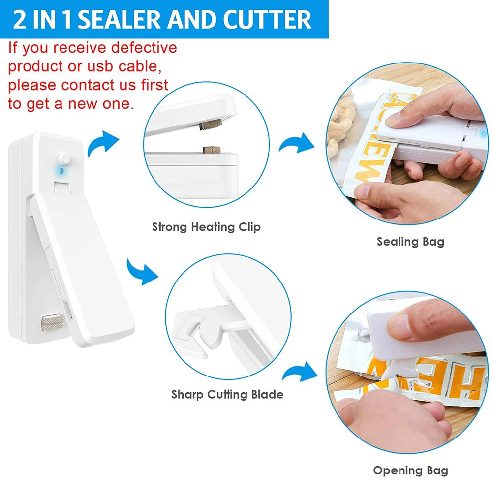 USB Mini Bag Sealer 2-in-1 Portable Heat Sealers Rechargeable Handheld Vacuum Heat Sealers &Cutter for Plastic Bag Storage Food