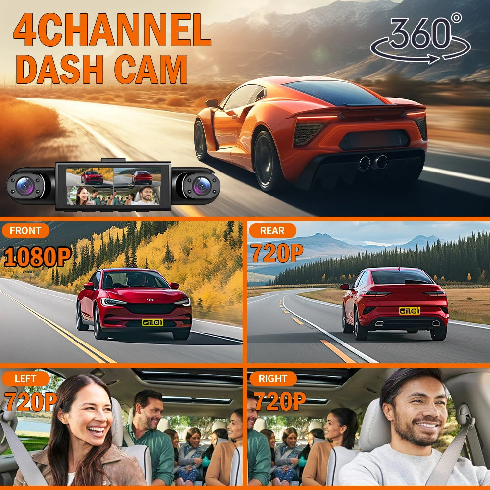 4-Channel 360° Dash Cam — Night Vision & 24/7 Parking Monitor