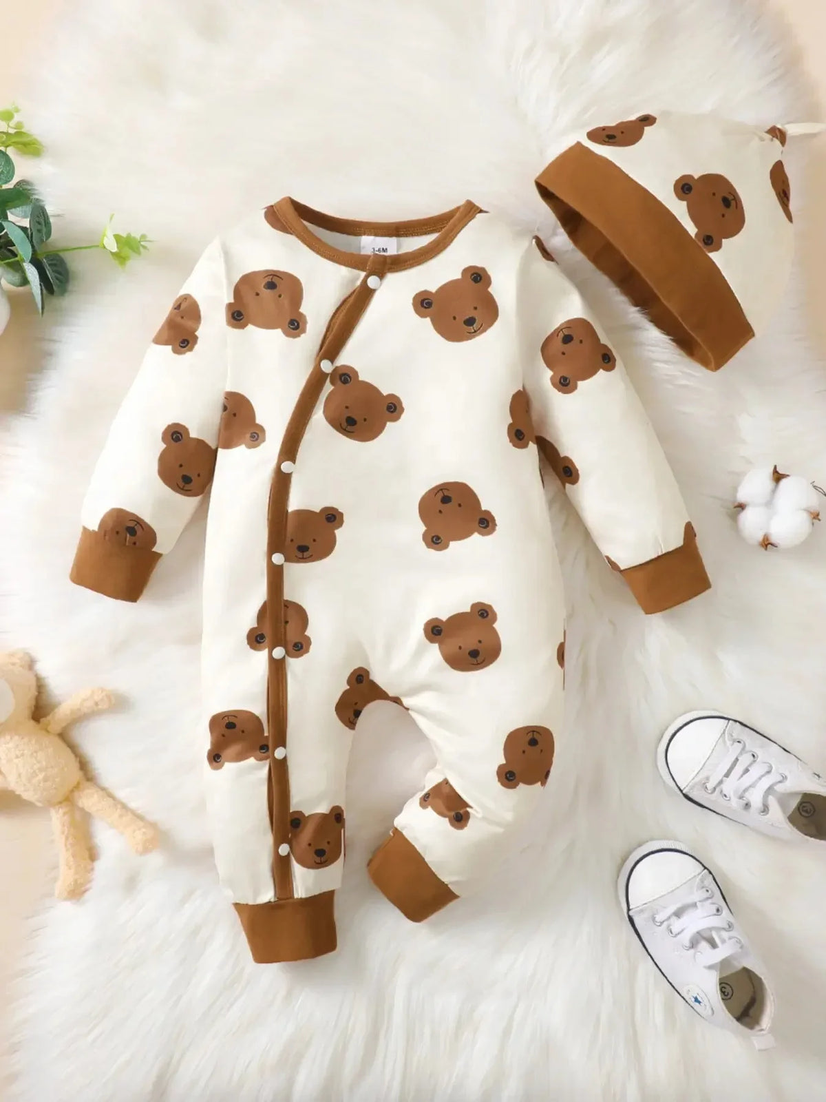 Baby Boy Bear Print Romper - Long Sleeve Button-Front Onesie