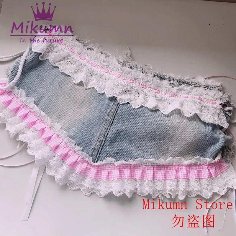 Mikumn Harajuku Y2k Women Sexy Lace Shorts Punk Girls Sweet Bow Angel Wing Bone Lace-up Low Waist Denim Shorts Jeans Streetwear