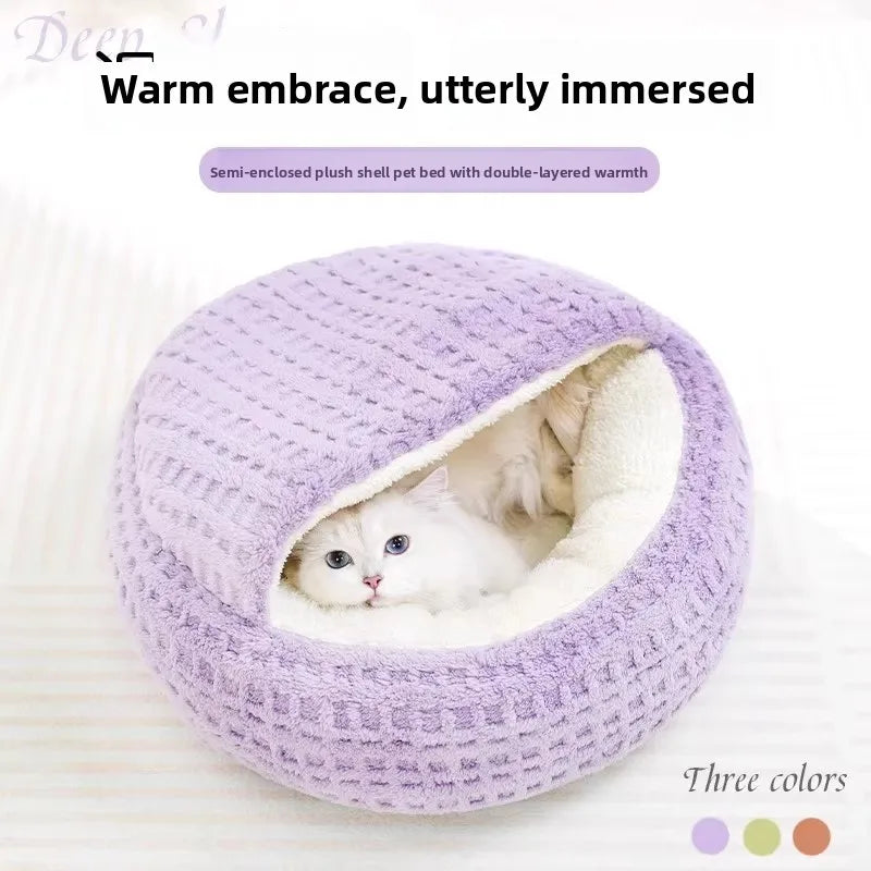 Cat Bed Mat for Autumn and Winter Thickened Warmth Semi-Enclosed House Security Shell-Shaped Cats Nest Pet Sleeping Accessories