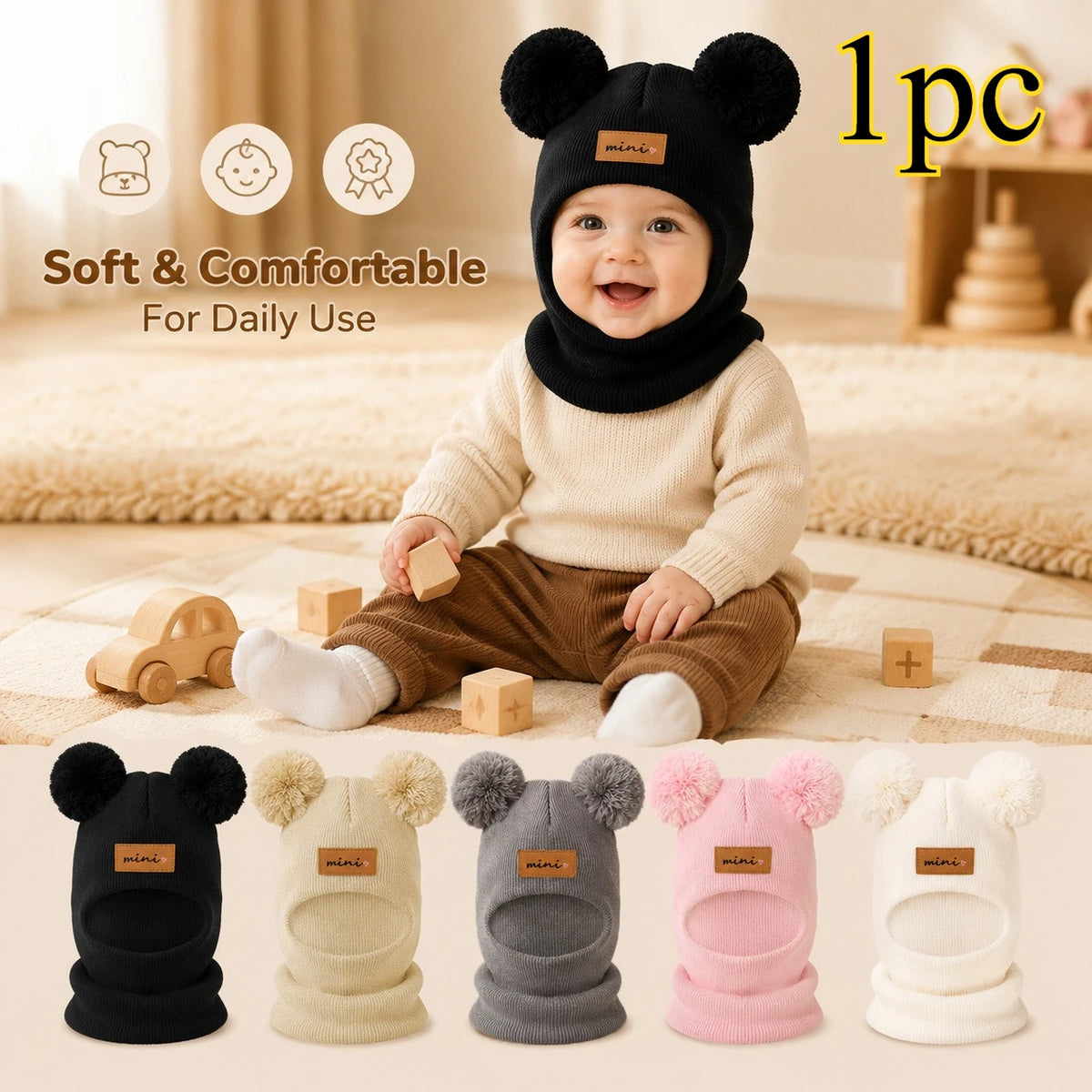 Baby Bear Knit Balaclava Hat - Pom Pom Ear Covering Beanie