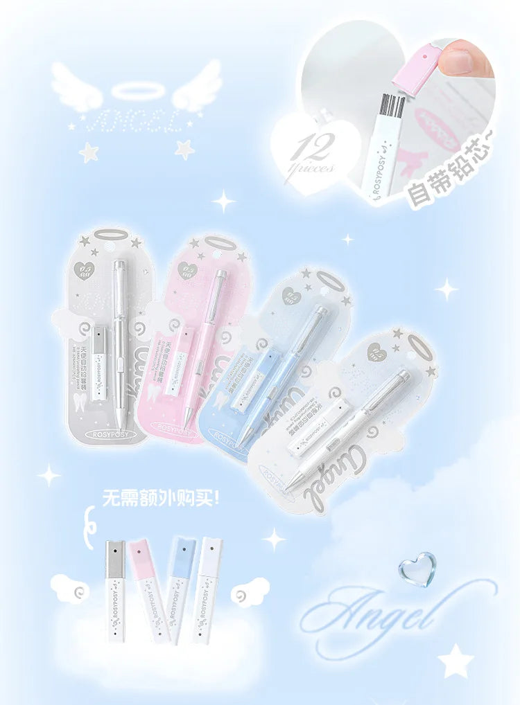 Angel Automatic Lead Set High Appearance Girl Heart Shiny Crystal Pen Holder 0.5HB Student Button Pencil and Lead Core