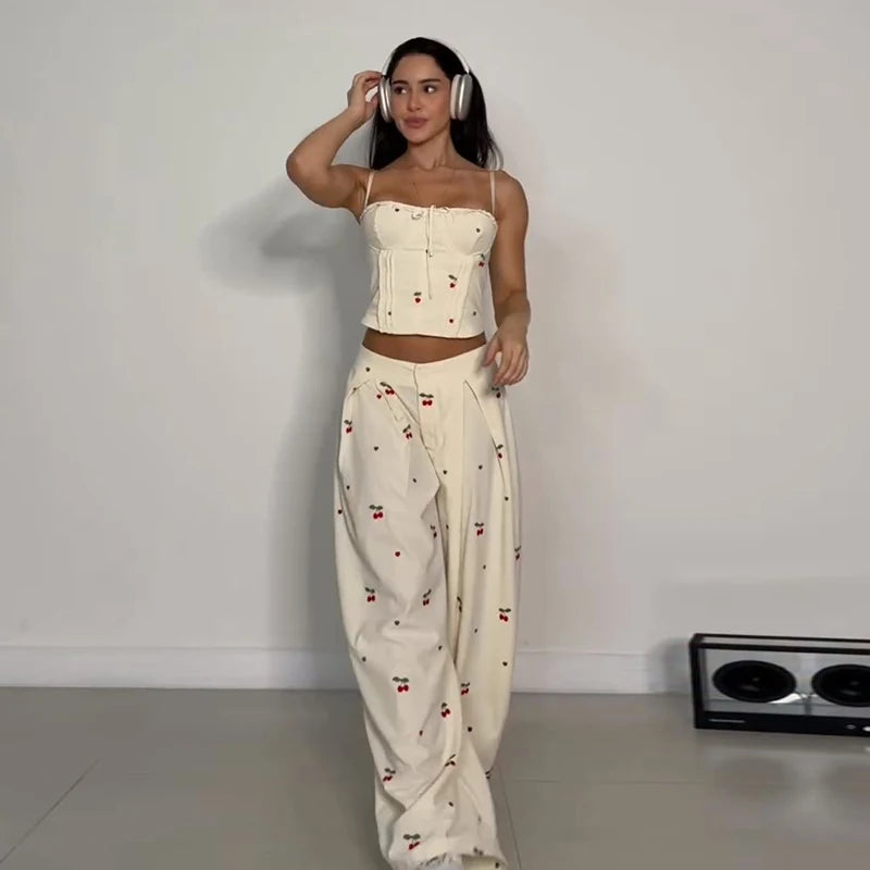 Corset Cami & Pleated Wide-Leg Pants Set — Y2K 2-Piece