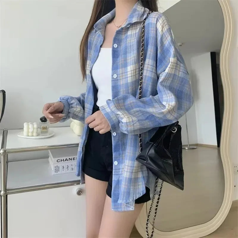 Women's Plaid Button-Up Shirt - Loose Long Sleeve Check Blouse - photo 2