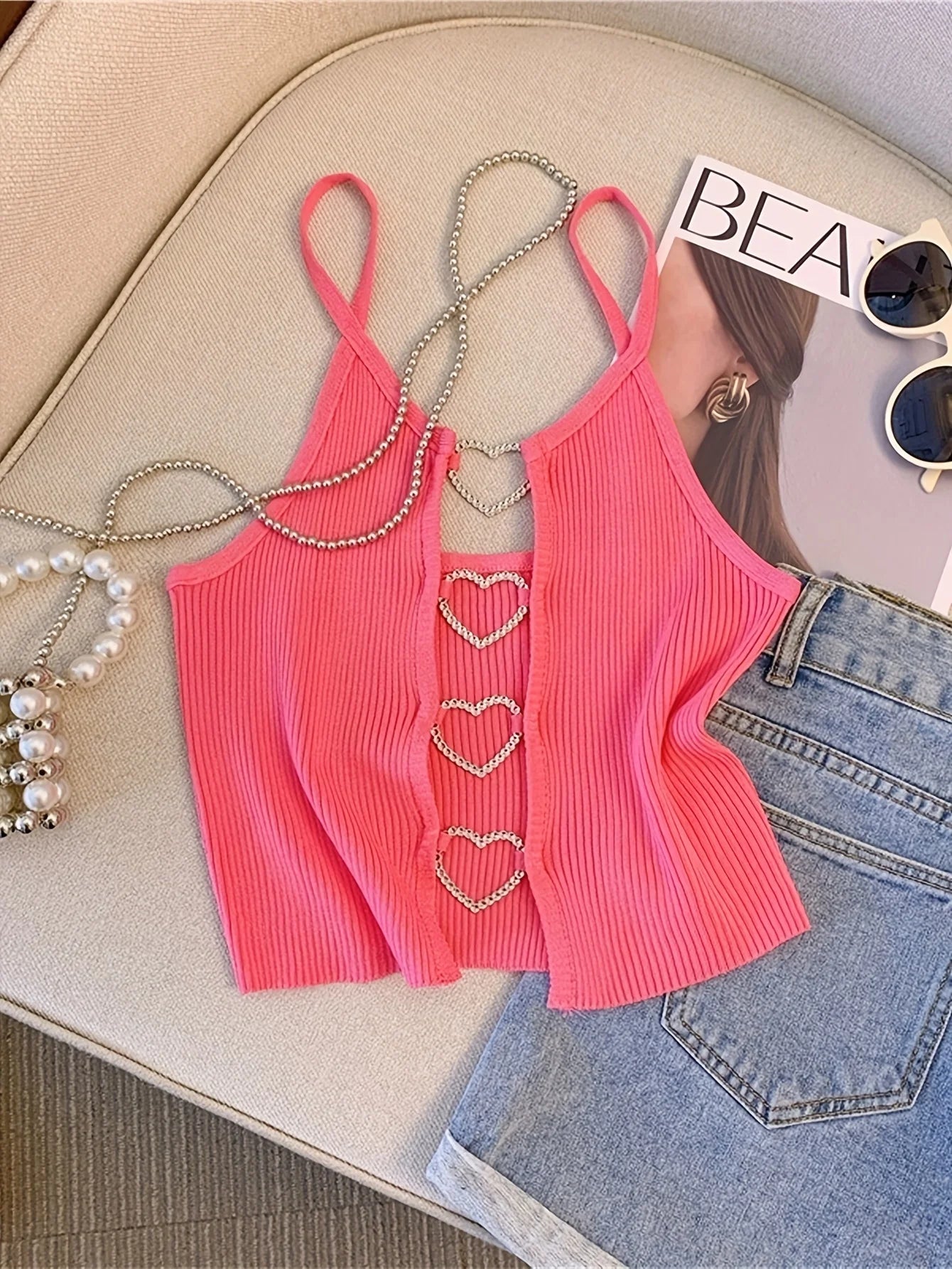 2026 New Sexy Solid Ribbed Crop Sleeveless Top - Back Heart Decor Cami Top for Women Perfect for Spring & Summer