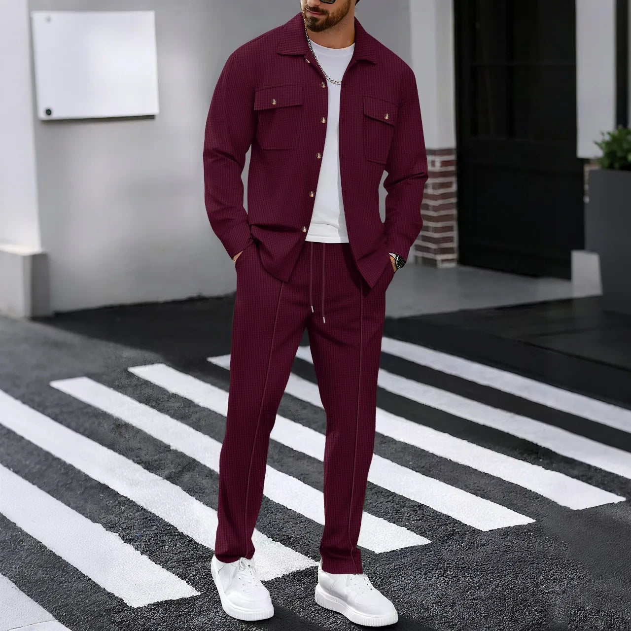 Men's casual two-piece waffle texture suit (including button-down top and elastic waist pants) - fashionable street casual sport