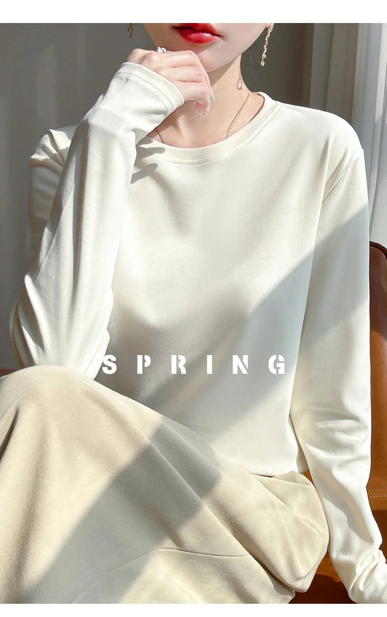 Spring And Summer New Mercerized Cotton Long Sleeve T-shirt Women's Round Neck Loose 100% Cotton Bottoming T-shirt