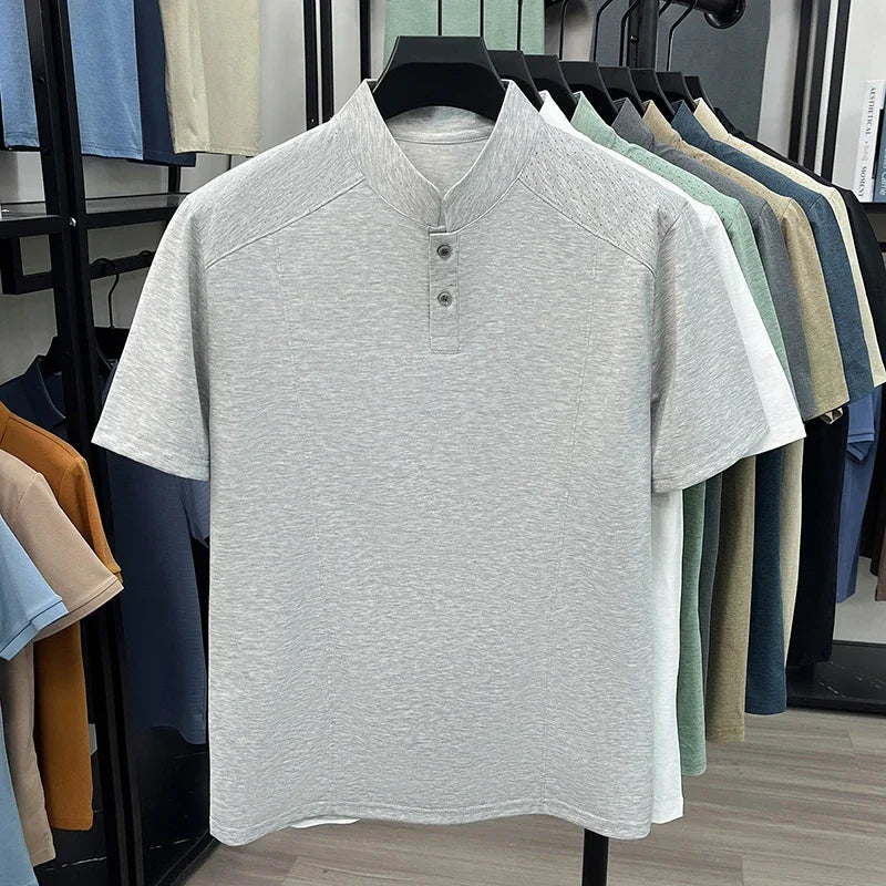 Men's Mandarin Henley Tee - Hollow-Grain Shoulder, Cool Lightweight