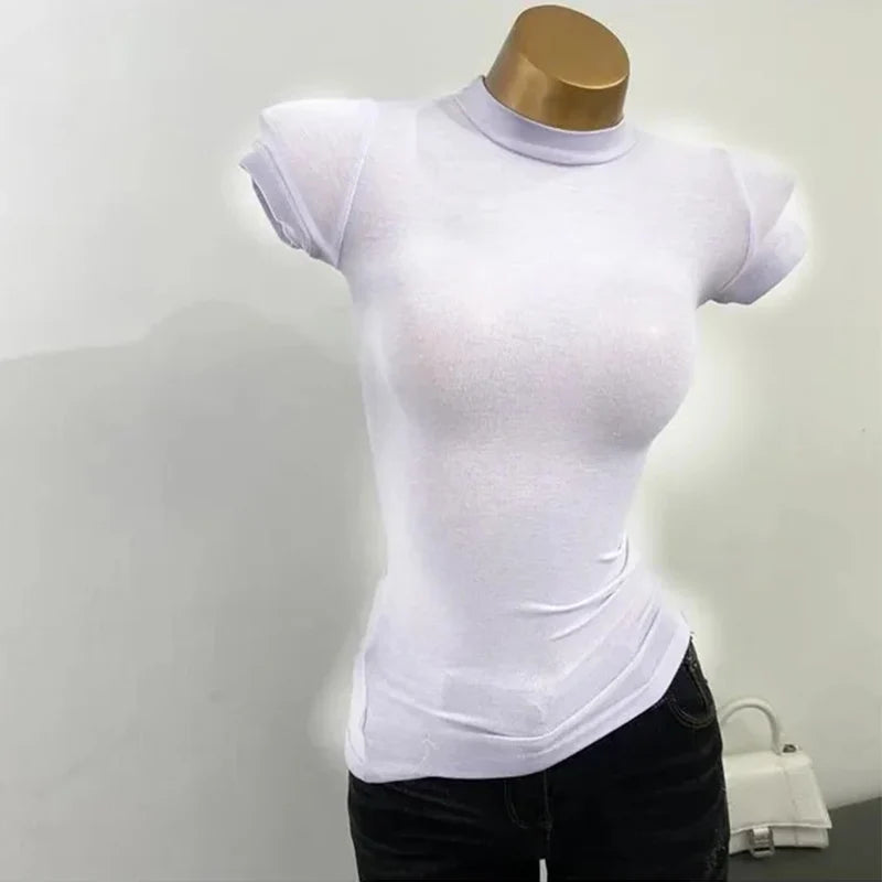 Women's Mock-Neck Sheer Tee — Slim Stretch Short-Sleeve Layering Top