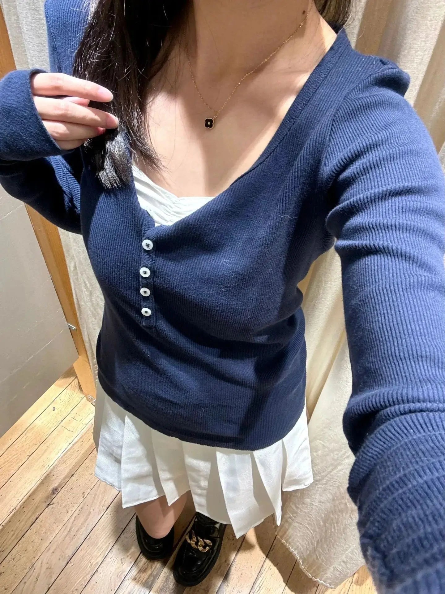 Women's Ribbed Long-Sleeve Top — Six-Button Slim Round-Neck Y2K Tee