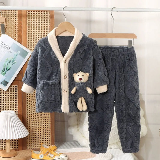 Kids Coral Fleece Pajama Set - Thick Winter Loungewear for Boys and Girls