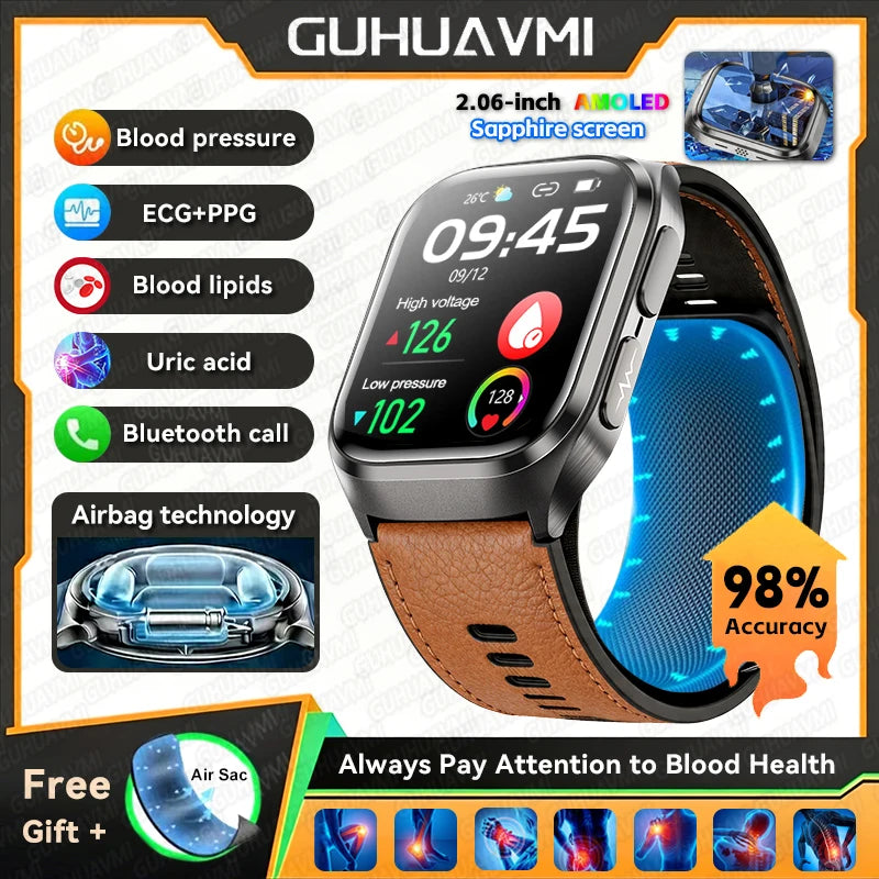 2026 New Upgrade AI Diagnostic  Airbag  Precise Blood Pressure Health SmartWatch Uric Acid ECG Blood lipids Smartwatch Men Women