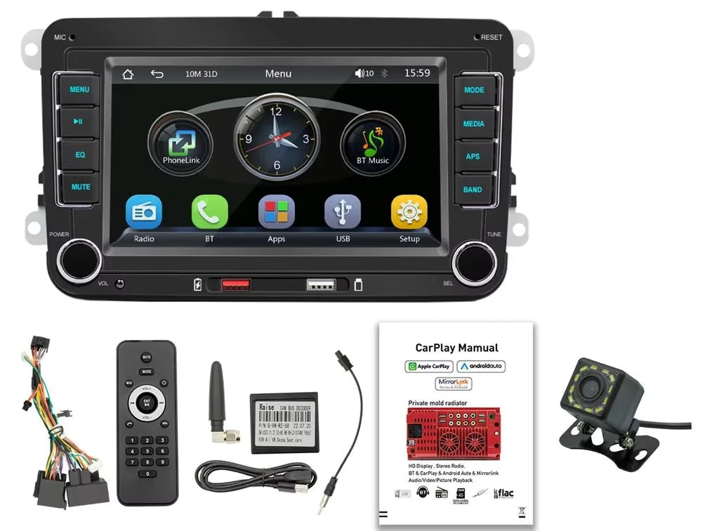 BQCC 7" 2-DIN Car Stereo — Wireless CarPlay, Android Auto, AirPlay & RDS for VW, SEAT, Skoda (Passat, Golf, Polo)