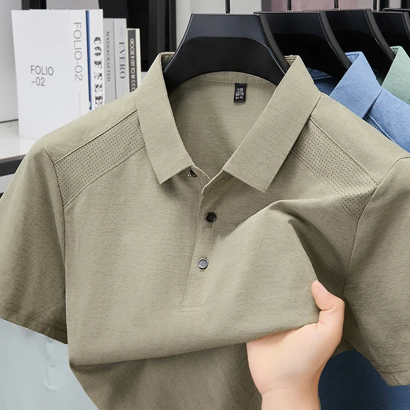 Men's Lapel Polo Tee - Perforated Shoulder, Wrinkle-Resistant