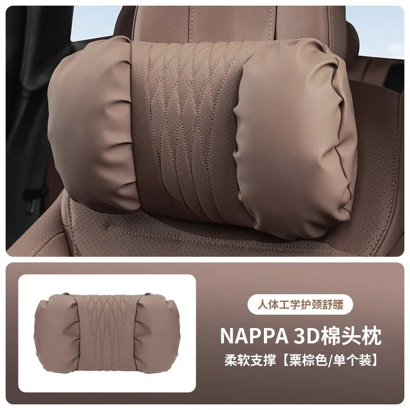 Nappa Leather Car Headrest & Lumbar Support Cushion – Soft Neck Pillow & Waist Pillow Set