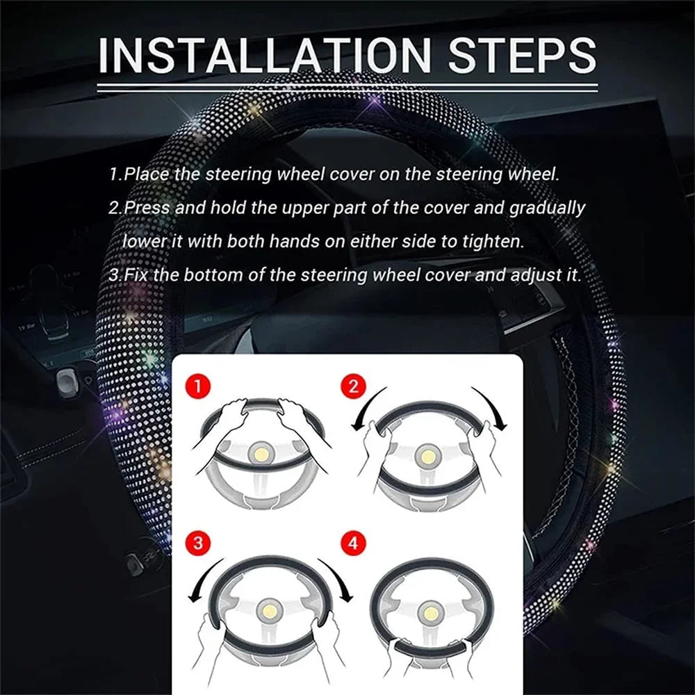 38cm Universal Car SUV Breathable Anti-Slip Bling Rhinestones Steering Wheel Cover for Women Girl with Crystal Diamond Sparkling