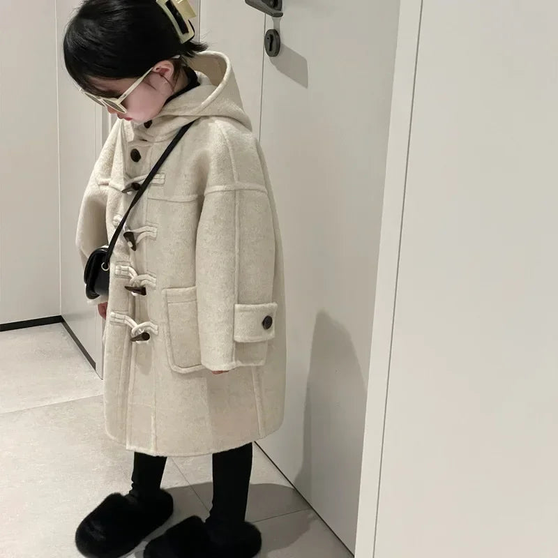 Kids Hooded Winter Coat with Toggle Buttons - Plush Trim Jacket