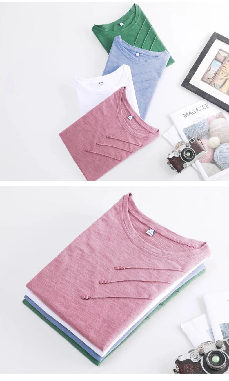 Women's Slub Cotton Button Tee — Loose Crew Neck