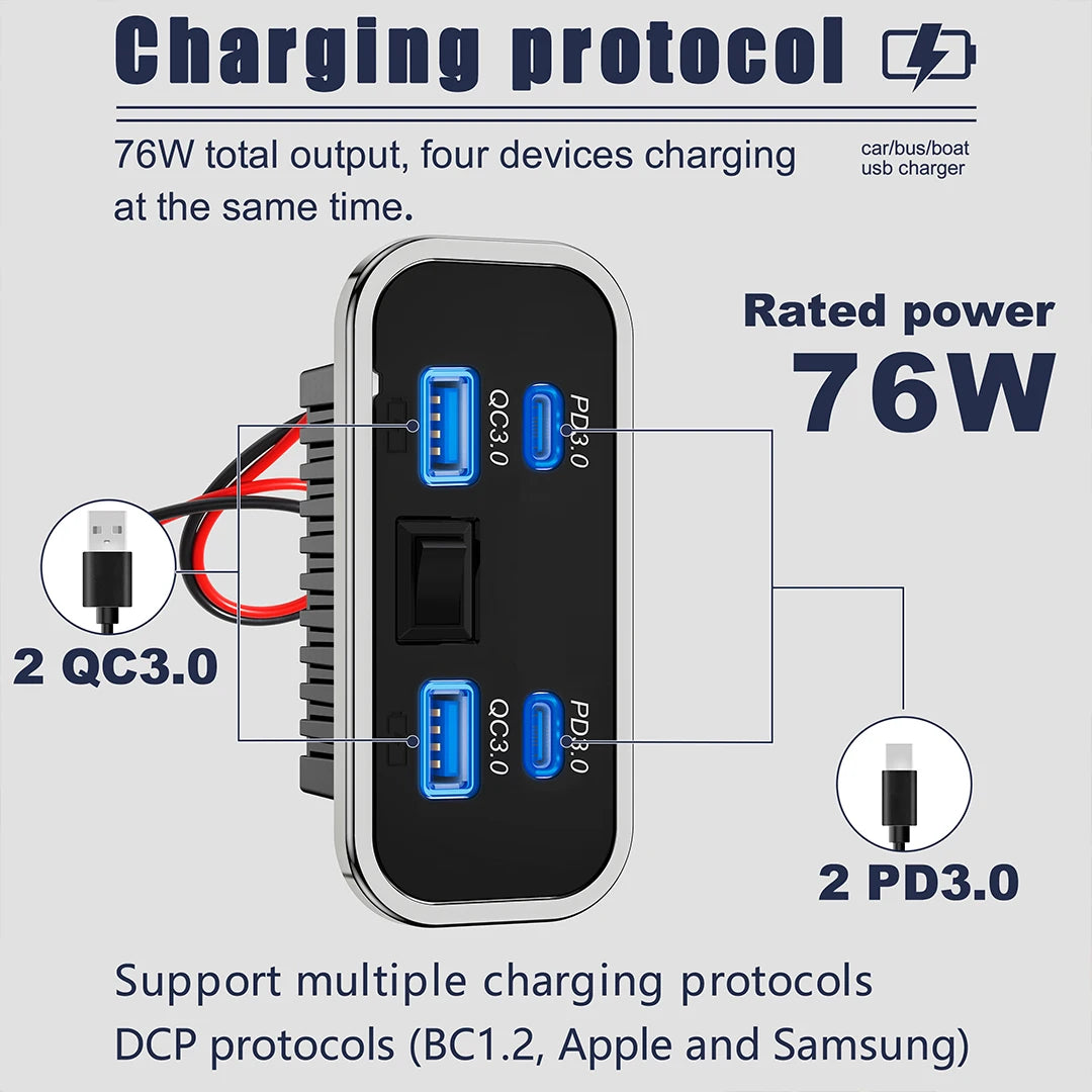 12V-24V 4 Ports Dual USB PD3.0 QC3.0 Outlet 76W Type-C Quick Charge Panel Wall Mount Charger Adapter for Marine Bus ATV Truck RV