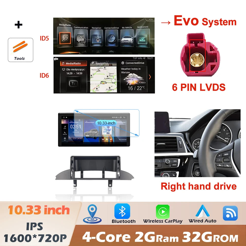 12.3" Right-Hand-Drive Wireless CarPlay & Android Auto Screen, Compatible with BMW 3 4 Series F30 F32