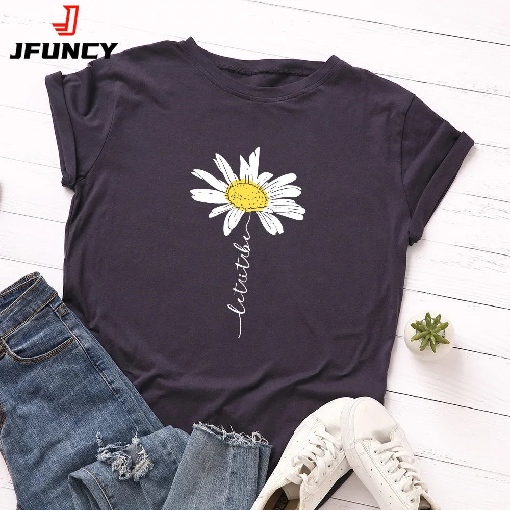 100% Cotton Women T-Shirt 2026 Summer Tshirt Creative Daisies Printed Woman Short Sleeve Tee Tops Female T Shirt