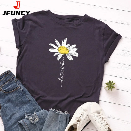 100% Cotton Women T-Shirt 2026 Summer Tshirt Creative Daisies Printed Woman Short Sleeve Tee Tops Female T Shirt