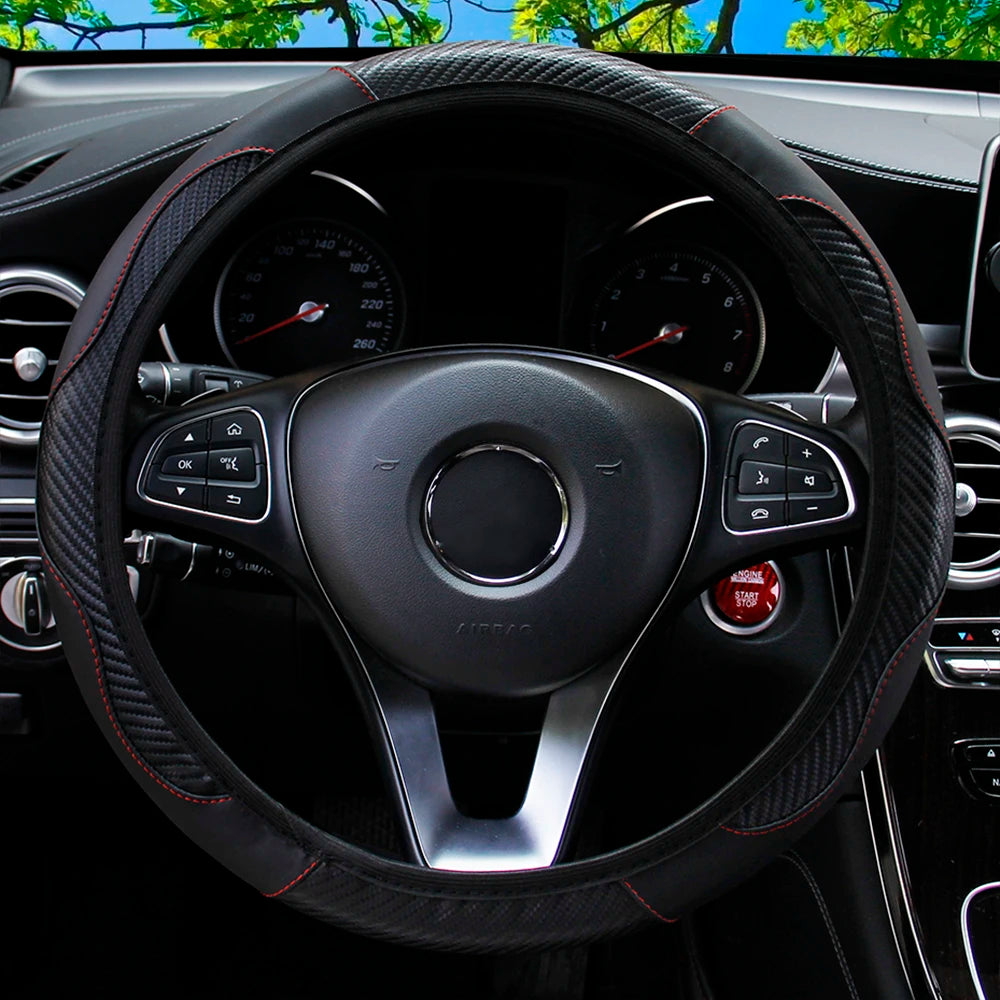 Carbon Fiber PU Leather Steering Wheel Cover – Universal Fit 14.5–15 Inch | Anti-Slip Car Interior Accessory