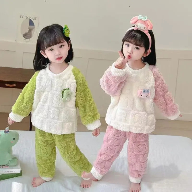 Kids Cartoon Print Coral Fleece Pajamas - Two-Piece Winter Set