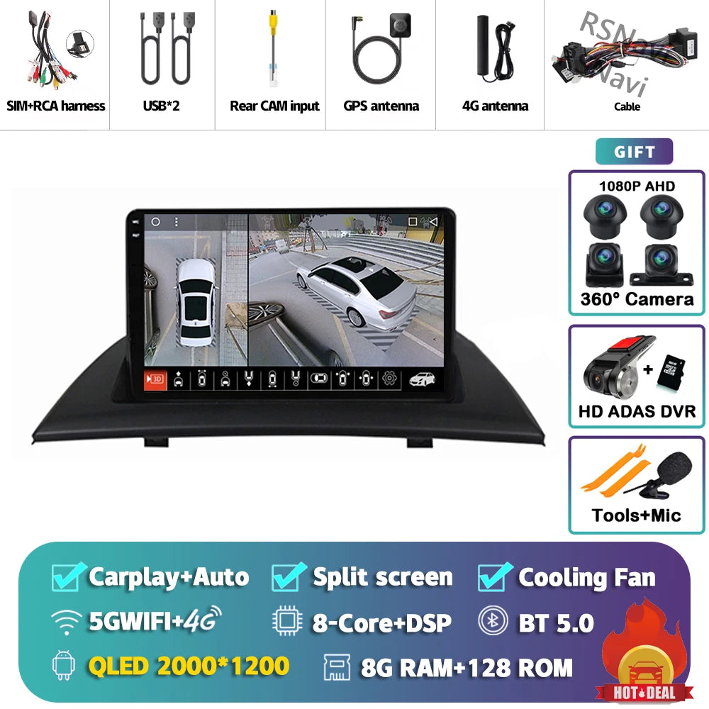 Android 16 Carplay Auto For BMW X3 E83 2004 - 2012 Car Radio GPS Player Multimedia stereo 360 Camera Navigation Video AI Voice