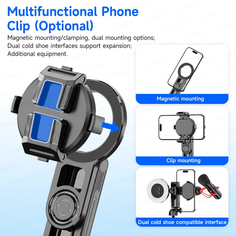 Mini Magnetic Selfie Stick Tripod Removable Remote Control Quadrapod Holder 360° Rotation for iPhone 16 15 14 13 12 Vlog Live