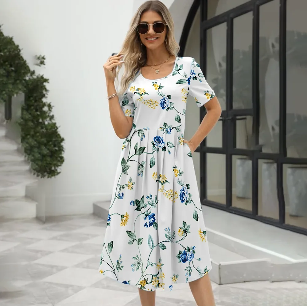 2024 Europe and the United States summer new women's fashion elegant printed round neck short sleeve zipper dress