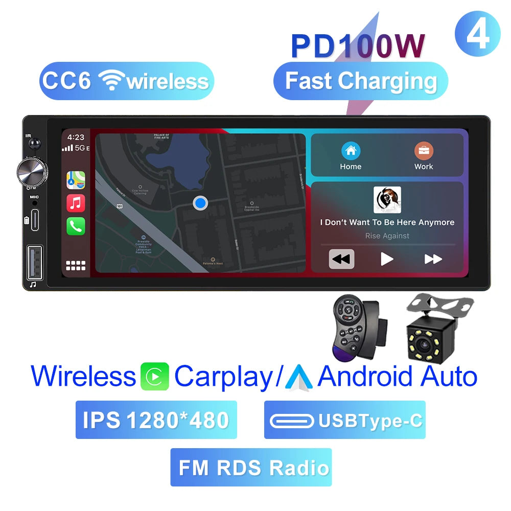 6.9" 1 DIN Universal Car Stereo with Apple CarPlay & Android Auto (MP5)
