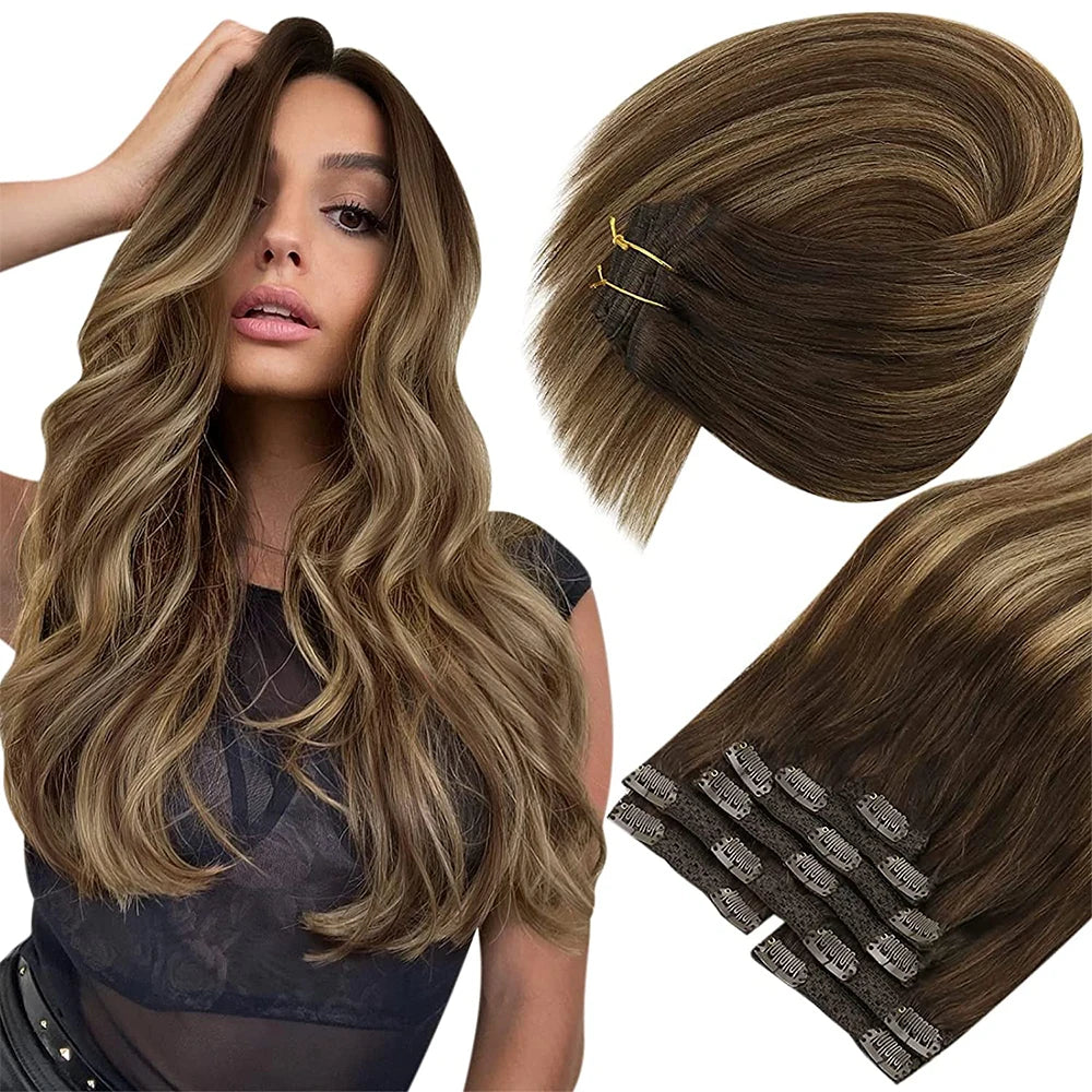 VeSunny Clip in Hair Extension Human Hair Balayage Natural Human Hair Extension Human Hair Clip Extension for Women