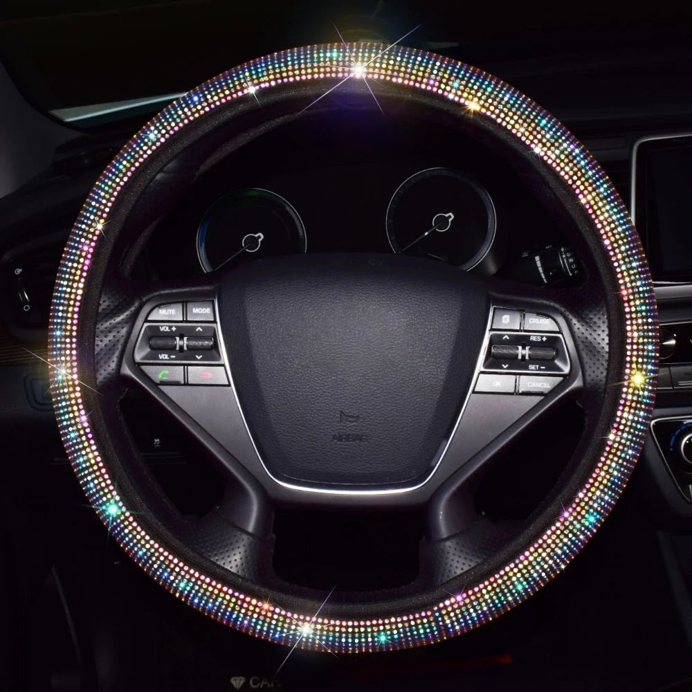 38cm Universal Car SUV Breathable Anti-Slip Bling Rhinestones Steering Wheel Cover for Women Girl with Crystal Diamond Sparkling