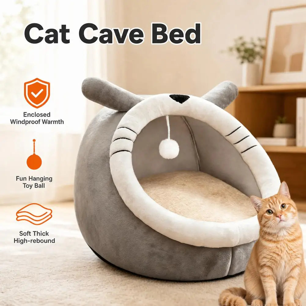 Cute Cartoon Cat Cave Bed - Warm Kitten House Nest – photo 3