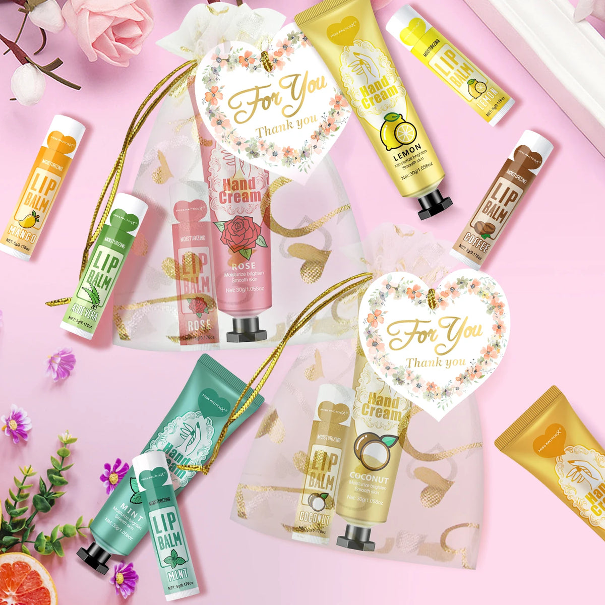 12 Hand Gift Hand Cream and Lip Balm Set Friends Party Gift with Love Net Bag and Thank You Card Holiday Gift