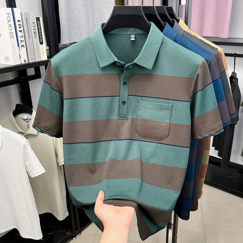 Men's Striped Mesh Polo - Lapel Three-Button, Anti-Wrinkle Knit
