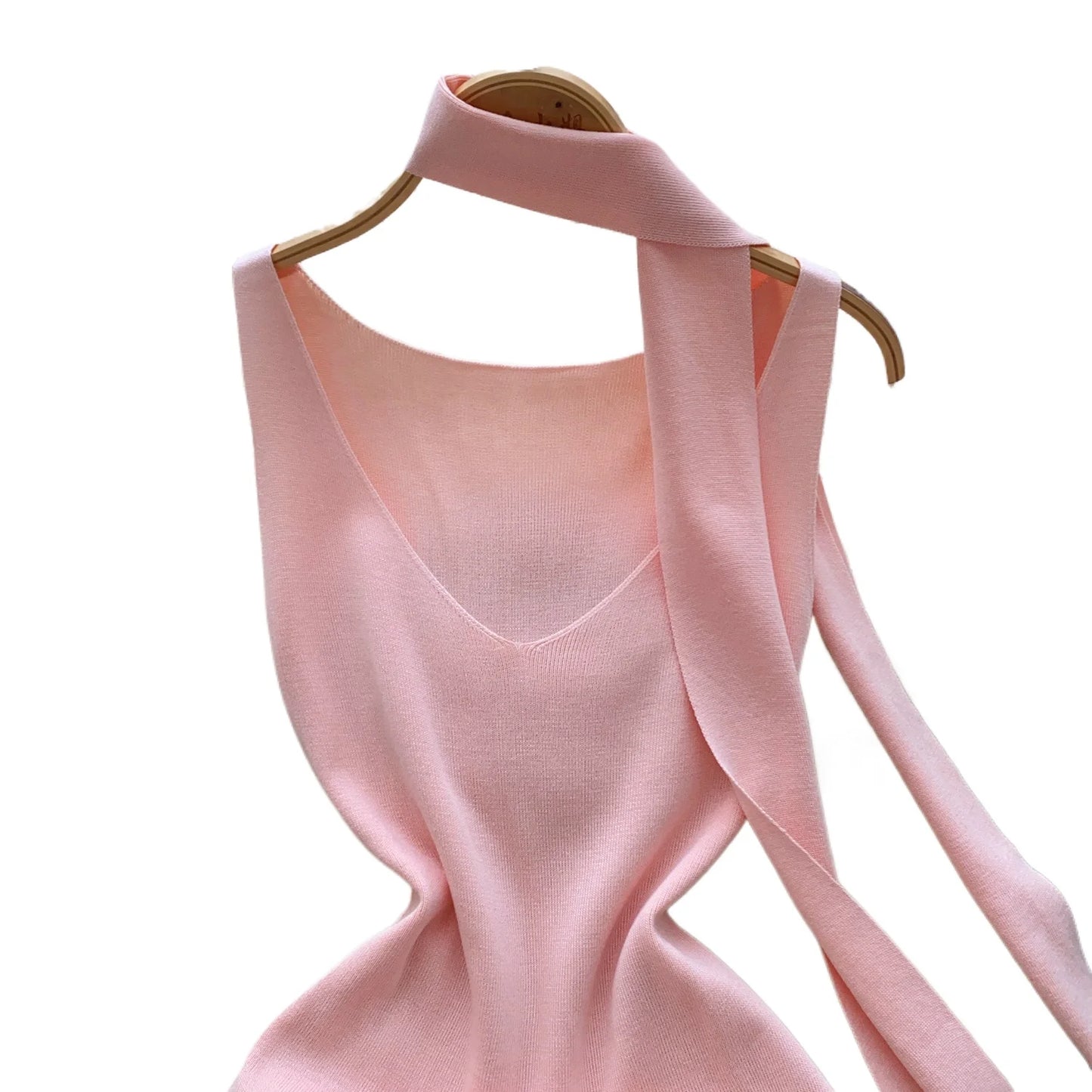 Pink Detachable Scarf Mini Dress Women's Sleeveless Sundress V-Neck Side Slit Stretchy Ribbed Knit Bodycon Casual Party Dress
