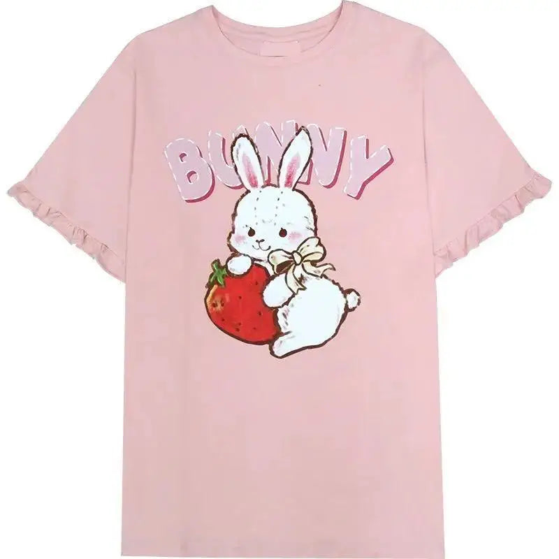 Women's Cute Cartoon-Print Ruffle T-Shirt — Kawaii Short-Sleeve Top