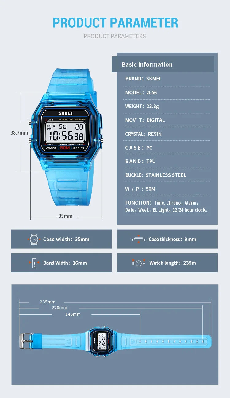 Skmei Women Digital Watches Fashion Transparent Case TPU Strap Led Waterproof Swimming Sports Wristwatch Female Alarm Clock