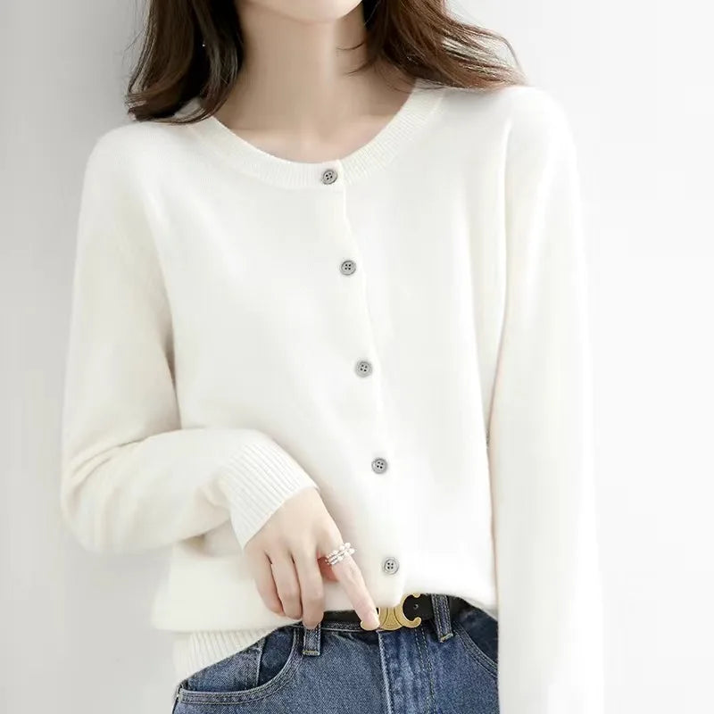 Women's Button-Up Knit Cardigan - Crew Neck Solid Sweater - photo 12