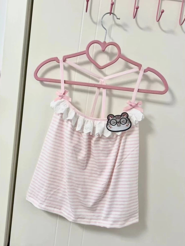 Women's Sweet Kawaii Lace Bow Camisole – Pink Stripe Off Shoulder Japanese Chic Vest Top