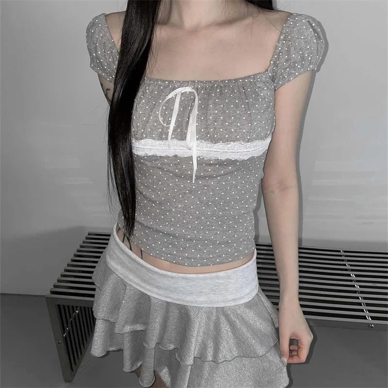Women Summer Y2K Fairy Grunge Dots Lace Trim T-Shirts Short Sleeve Lace Patchwork Tee Tops Vinatge E-Girls Aesthetic Clothes