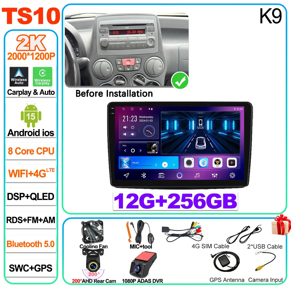 Car Stereo with Apple CarPlay & Android Auto, Compatible with Fiat Panda 169 (2003-2012)