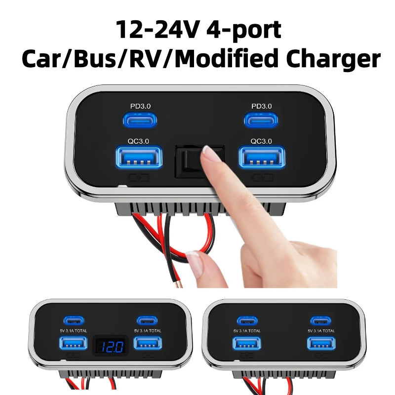 12V-24V 4 Ports Dual USB PD3.0 QC3.0 Outlet 76W Type-C Quick Charge Panel Wall Mount Charger Adapter for Marine Bus ATV Truck RV