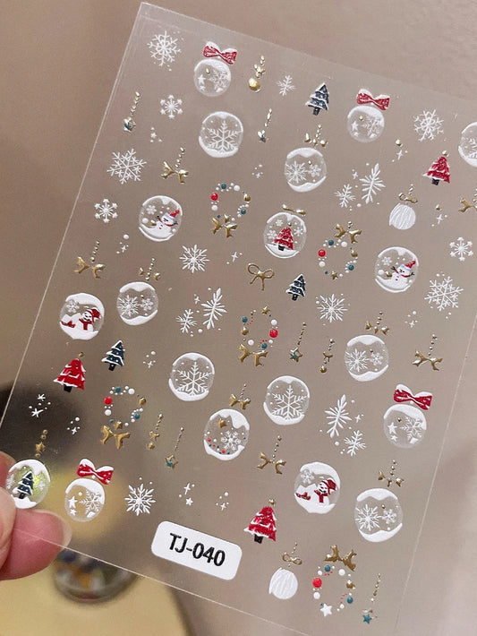 5D Relief Christmas Ball and Snowflake Nail Stickers - 1 or 2 Sheets