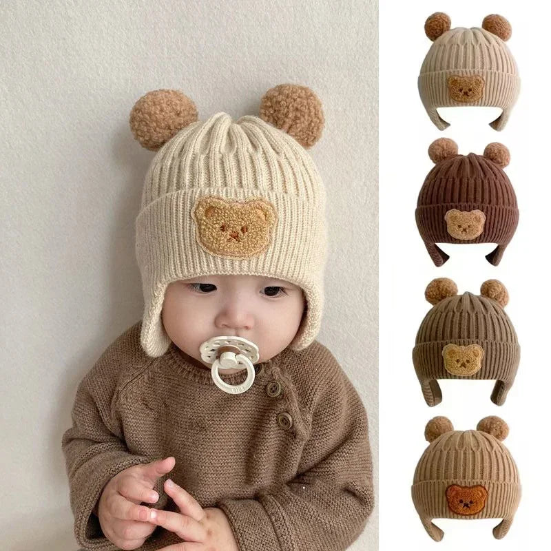 Toddler Bear Ear Knit Hat - Thick Warm Winter Ear Flap Cap